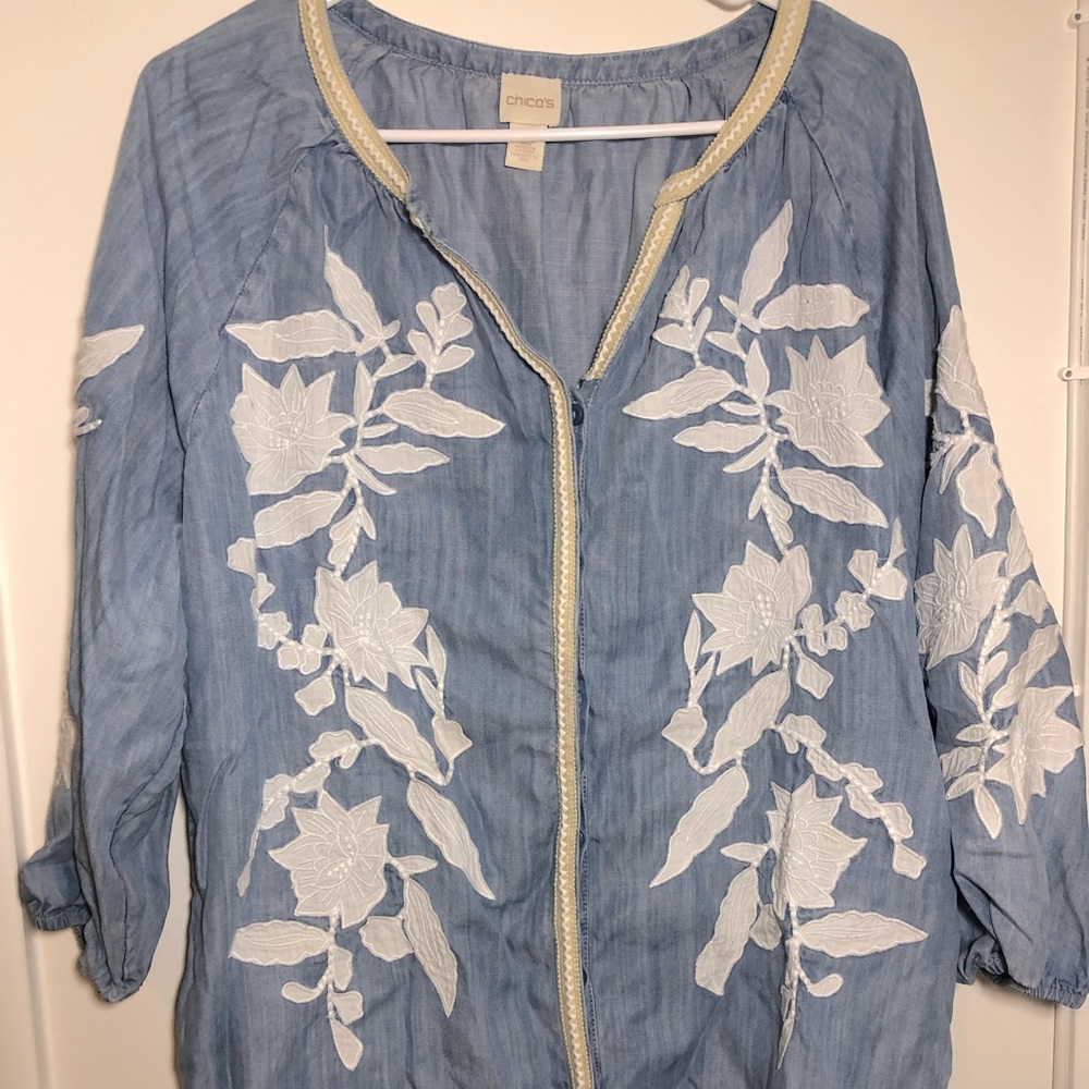 Chico’s Chambray Blouse with Floral Appliqué